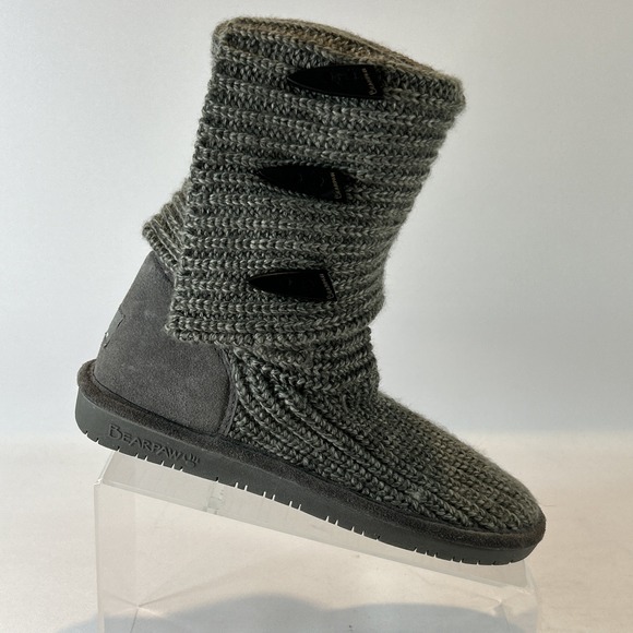 BearPaw Shoes - Bearpaw Knit Tall Women's Size 7 Sweater Boots 3 Button Gray Foldable 658W
